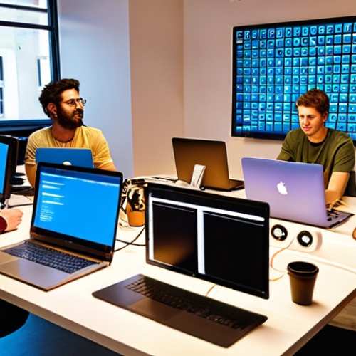 Home 4 **A vibrant and diverse group of people collaborating on a coding project, illuminated by laptop screens in a modern co-working space. Focus on teamwork, shared knowledge, and the energy of a tech community.**