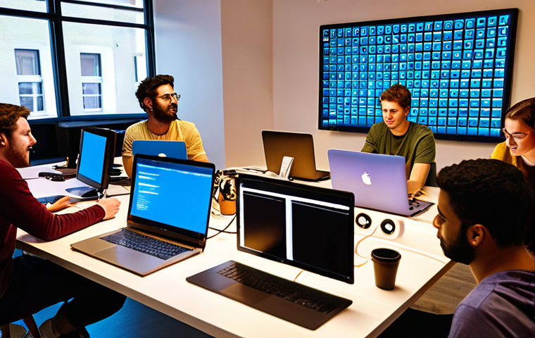 **A vibrant and diverse group of people collaborating on a coding project, illuminated by laptop screens in a modern co-working space. Focus on teamwork, shared knowledge, and the energy of a tech community.**