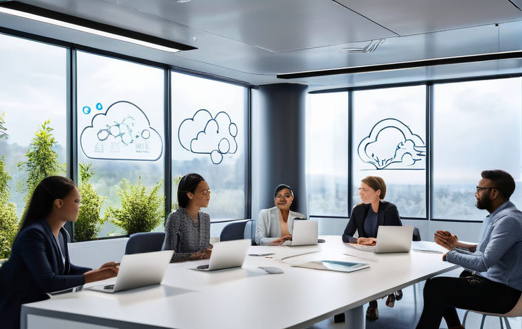 클라우드 컴퓨팅 기술 역량 개발 전략 - **Prompt:** "A diverse group of five cloud computing professionals (three women, two men, of various...