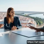디지털 리더십과 기술 역량 개발 - **Prompt:** A brightly lit, modern co-working space in Lisbon, Portugal, during a late afternoon. Fo...