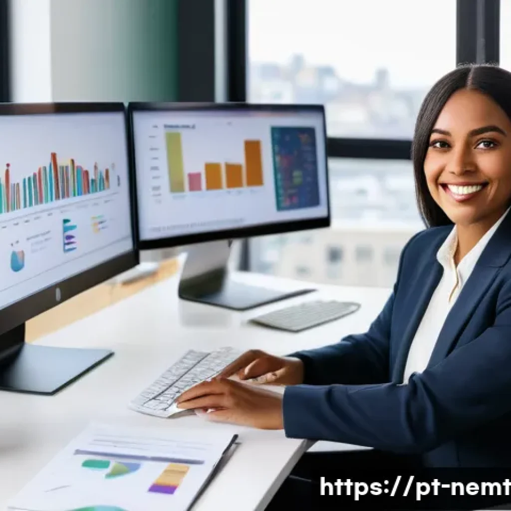 기술 역량 강화를 위한 데이터 분석 - **Prompt:** A diverse female professional, late 20s, with a warm, confident smile, seated comfortabl...