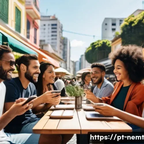 기술 혁신과 고객 요구에 대한 대응 방법 - A vibrant, panoramic shot of a diverse group of modern consumers enjoying a sunlit, bustling outdoor...